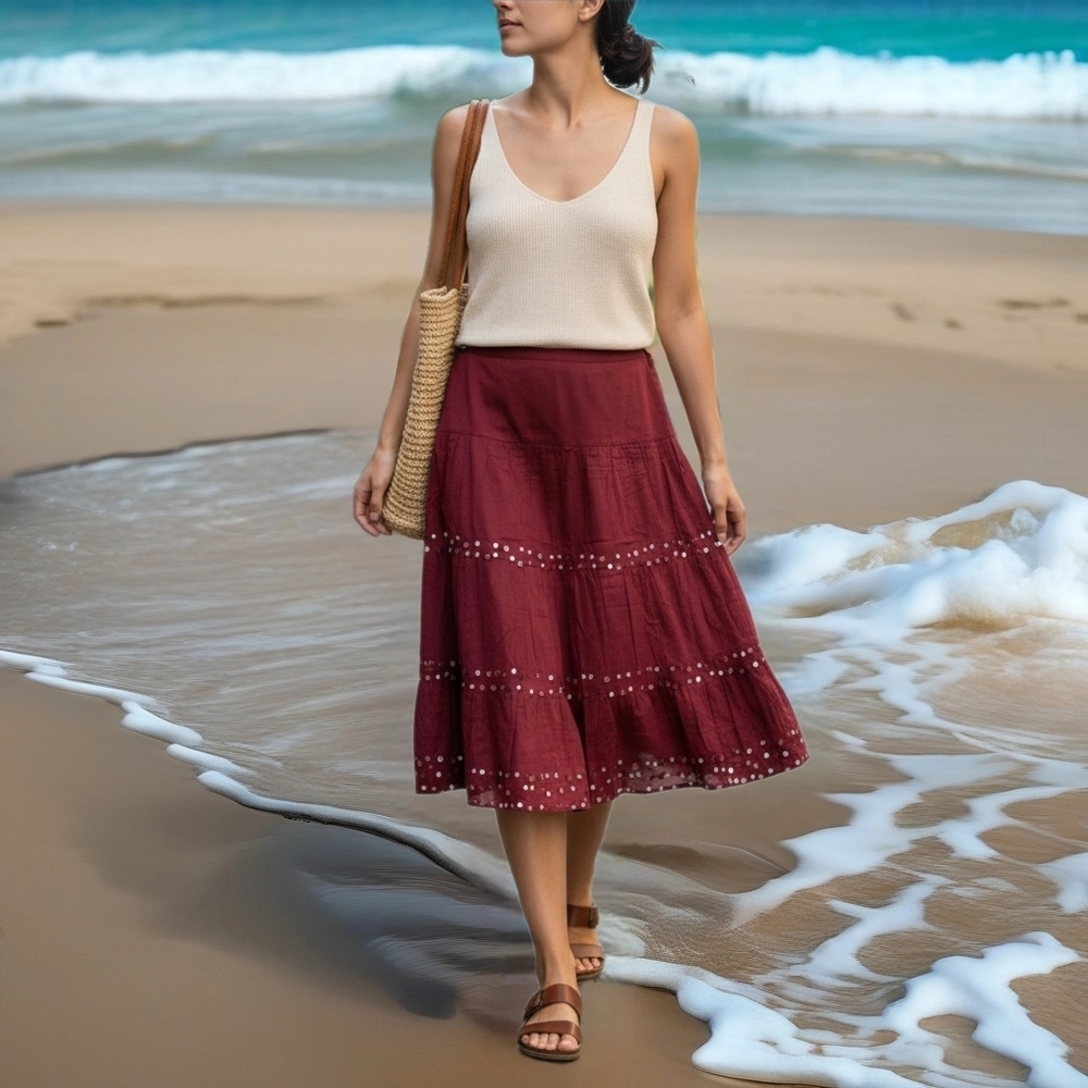 New Flirtatious Summer Salsa Skirt by TRAMP Wine Red with Sequins Size Large